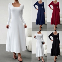 Elegant Solid Color Round Neck Long Sleeve Maxi Dress