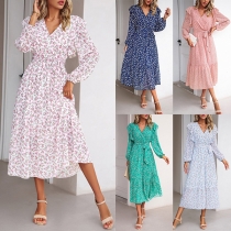 Fashion Floral Printed V-neck Long Sleeve Self-tie Midi Dress