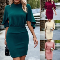 Elegant Solid Color Round Neck Short Sleeve Bodycon Dress