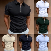 Casual Solid Color Half-zipper Stand Collar Short Sleeve Shirt for Men