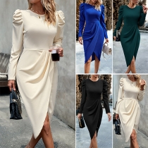Fashion Solid Color Round Neck Puff Long Sleeve Slit Bodycon Dress