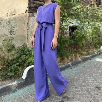 Casual Solid Color Jumpsuit with Loose Waistcoat and Belt Wide Leg Pants