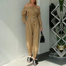 One Piece Collarless Strapless Long Sleeve High Waisted Casual Jumpsuit with Cropped Pants
