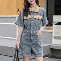 Shorts Style Denim Summer Jumpsuit with Contrast Stitching Short Sleeve