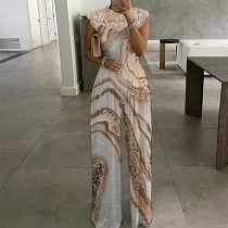 Casual Sleeveless Round Neck Jumpsuit with Printed Lace Stitching Details Loose Wide Leg Pants
