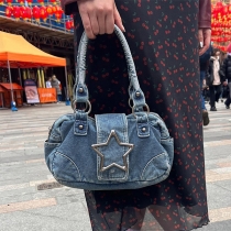 Trendy Denim Tote Bag with Metallic Star Panel Design