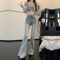 High Waist Retro Flare Jeans  Slim Fit Double Button 70s Style Denim Pants