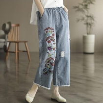 Wide Leg Ripped Jeans Embroidered Raw Edge Nine-Point Wash White Loose Fit Pants