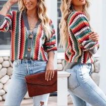 Striped Loose Knit Cardigan Sweater Color Block Single Breasted Foreign Trade Knitwear