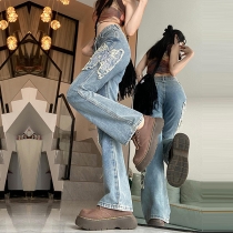 Retro Butterfly Embroidered Flared High Waist Raw Edge Jeans