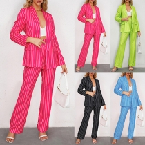 Fashion Vertical Stripe Printed Two-piece Suit Set Consisting of Blazer and Pants