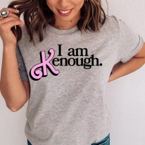 I am Kenough-Letter Printed Round Neck Short Sleeve Shirt