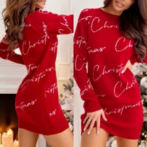 Fashion Round Neck Long Sleeve Red Christmas Sweater Dress