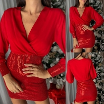 Fashion V-neck Long Sleeve Sequin Spliced Red Party Dress