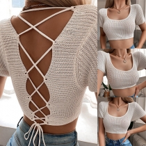 Sexy Square Neck Lace-up Criss-cross Backless Crop Knitted Shirt