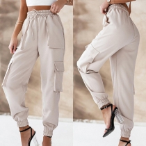 Fashion Cargo Pants with Elastic Drawstring Waist and Side Patch Pockets