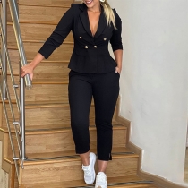Fashion Black Two-piece Suit Set Consist of Double-breasted Blazer and Pants