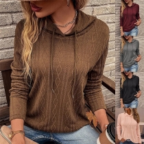 Casual Solid Color Long Sleeve Drawstring Hoodied Knitted Shirt