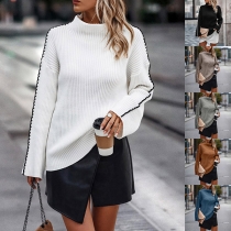 Fashion Mock Neck Contrast Color Stripe Long Sleeve Knitted Sweater