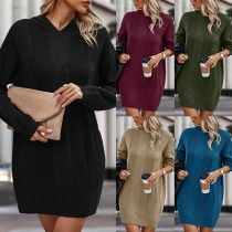 Fashion Solid Color V-neck Long Sleeve Hooded Sweater Dress