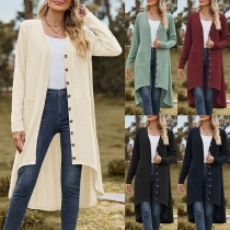Casual Solid Color Long Sleeve Buttoned High-low Hemline Knitted Cardigan