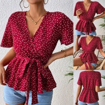 Casual Contrast Color Printed V-neck Short Sleeve Self-tie Shirt