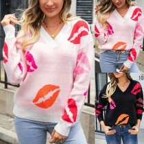 Street Fashion Lip Printed V-neck Knitted Sweater