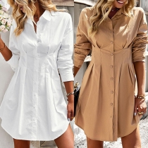 Casual Solid Color Button Stand Collar Long Sleeve Cinch Waist Shirt Dress