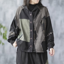 Retro Art Print Loose Cardigan Denim Hooded Jacket for Women Stitching Details Inner Edge