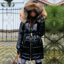 Trendy Mid-Length Cotton-Padded Coat with Waist Tie and Large Faux Fur Collar Hooded