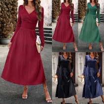 Fashion Solid Color V-neck Long Sleeve Tiered Midi Dress