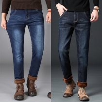 Street Fashion Warm Plush Lined Old-washed Elastic Denim Jeans for Men