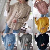 Street Fashion Solid Color Turtleneck Long Sleeve Irregular Hemline Knitted Sweater
