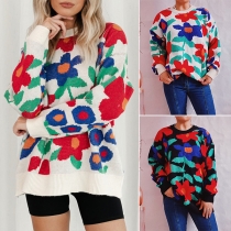 Street Fashion Bright Color Floral Pattern Round Neck Long Sleeve Knitted Pullover Sweater