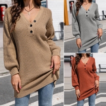 Casual Solid Color Buttoned V-neck Long Sleeve Knitted Sweater
