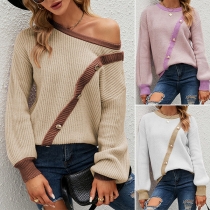 Stylish Contrast Color Buttoned Round Neck Long Sleeve Knitted Sweater