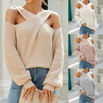 Sexy Cross-criss Open-shoulder Long Sleeve Knitted Sweater