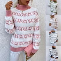 Fashion Contrast Color Snowflake Mock Neck Long Sleeve Knitted Sweater for Christmas