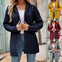Casual Solid Color Lapel Hooded Knitted Cardigan