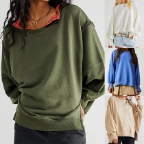 Fashion Solid Color Round Neck Batwing Long Sleeve High-low Hemline Shirt