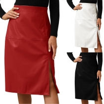 Fashion Solid Color High-rise Slit Artificial Leather PU Pencil Skirt