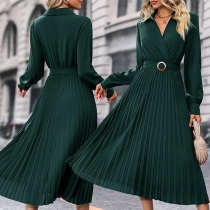 Street Fashion Stand Collar V-neck Long Sleeve Pleated Midi Dress with Belt
