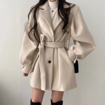 Short Belted Coat with Puff Sleeves and Belt