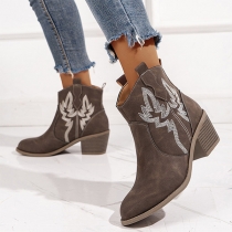Medium Heel Thick Heel Ankle Boots with Embroidered Sleeves