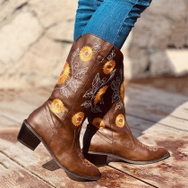 Martin Boots with Low Heel and Embroidered Sunflower Design