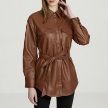 Mid Length Faux Leather Coat with Waist Belt and Lapel Collar