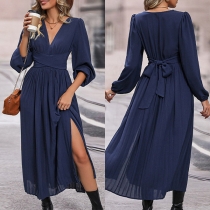 Fashion Solid Color V-neck Long Sleeve Self-tie Midi Dress