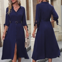 Fashion Solid Color Buttoned V-neck Self-tie Elbow Sleeve Midi Dress with Belt