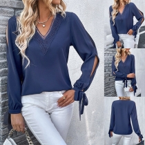 Sexy Lace Spliced V-neck Slit Self-tie Long Sleeve Shirt