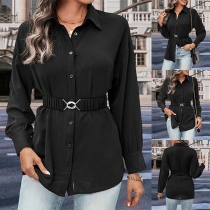 Fashion Solid Color Stand Collar Long Sleeve Buttoned Shirt with Belt